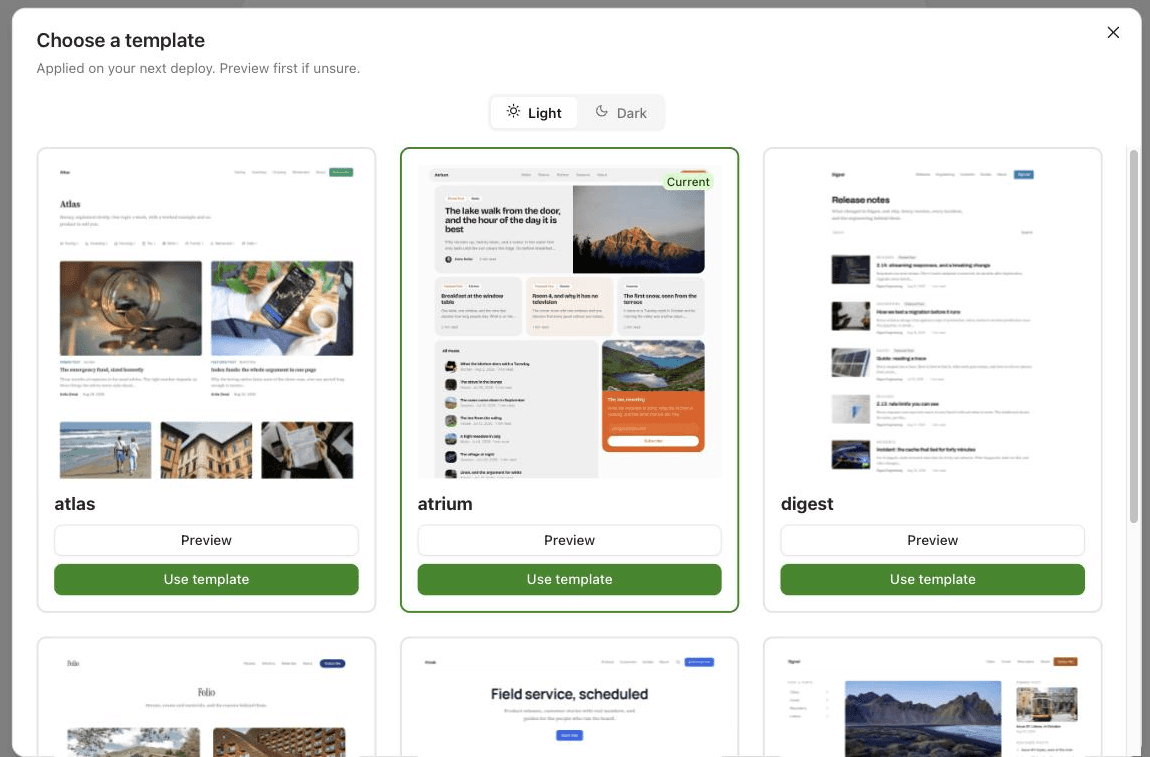 The template picker, with six designs and a light or dark variant for each.
