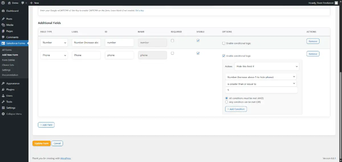 Wordpress forms to Salesforce screenshot 2